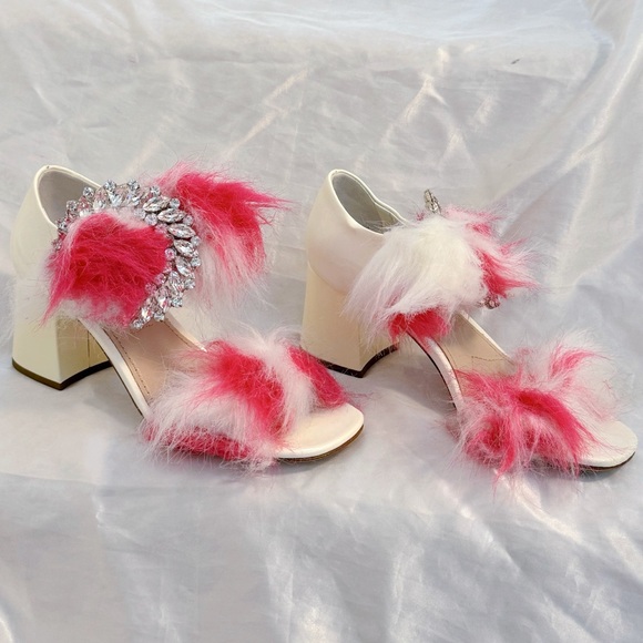 Miu Miu Shoes - Miu Miu Pink and White Fur Embellished Sandals